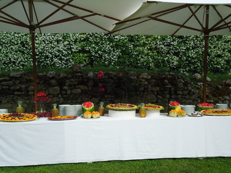 Buffet in giardino di frutta intagliata e dolcetti prelibati