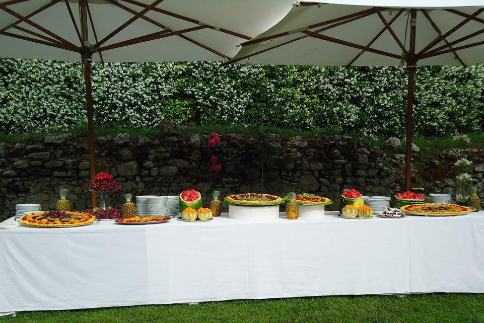 Buffet in giardino di frutta intagliata e dolcetti prelibati